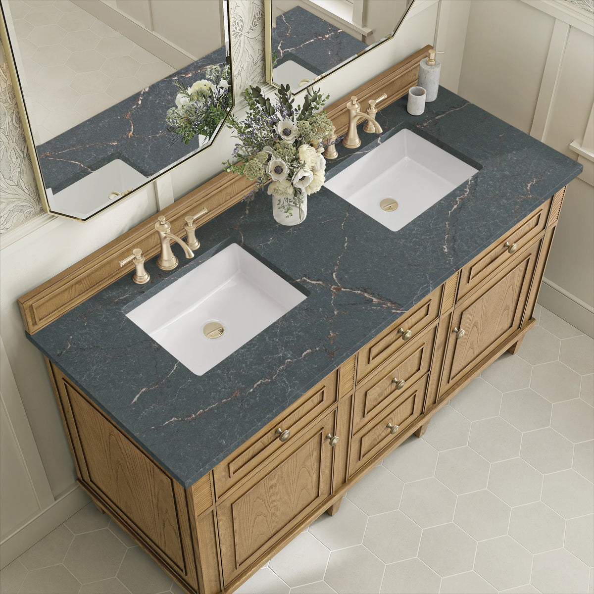 Lorelai 60" Double Vanity, Light Natural Oak w/ 3 CM Parisien Bleu Silestone Top, view 7