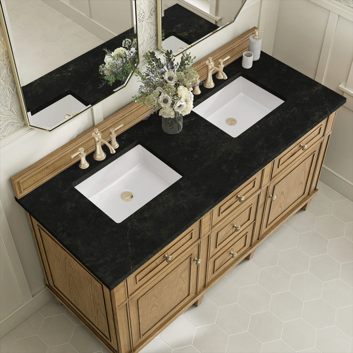 Lorelai 60" Double Vanity, Light Natural Oak, w/ 3 CM Phantome Eclos Top, view 7