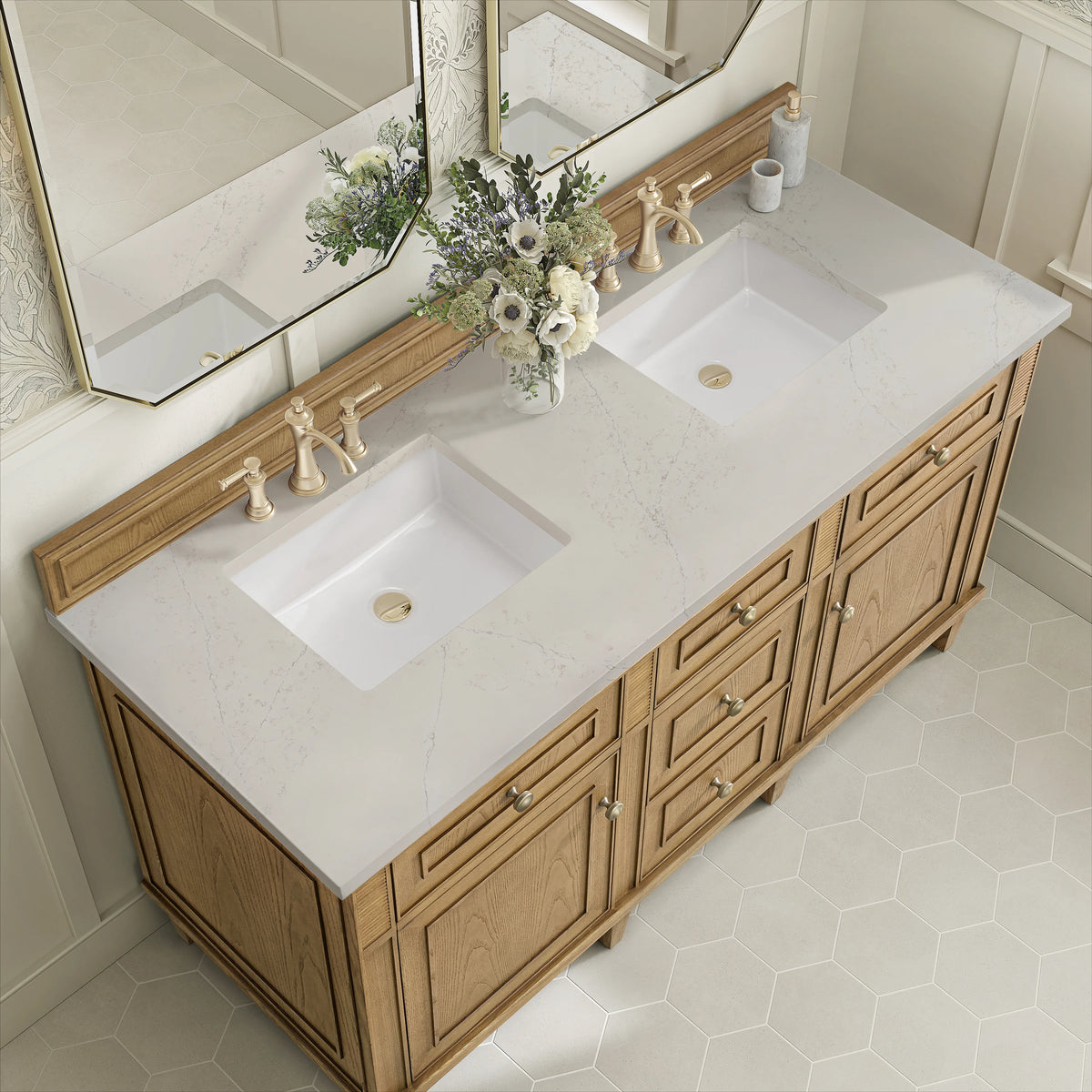 Lorelai 60" Double Vanity, Light Natural Oak, w/ 3 CM Siberian Silestone Top, view 7