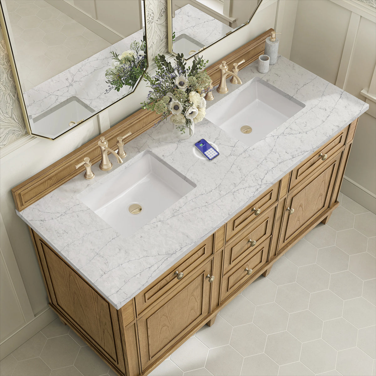 Lorelai 60" Double Vanity, Light Natural Oak w/ 3 CM Eternal Jasmine Pearl Silestone Top w/FreePower Wireless, view 10
