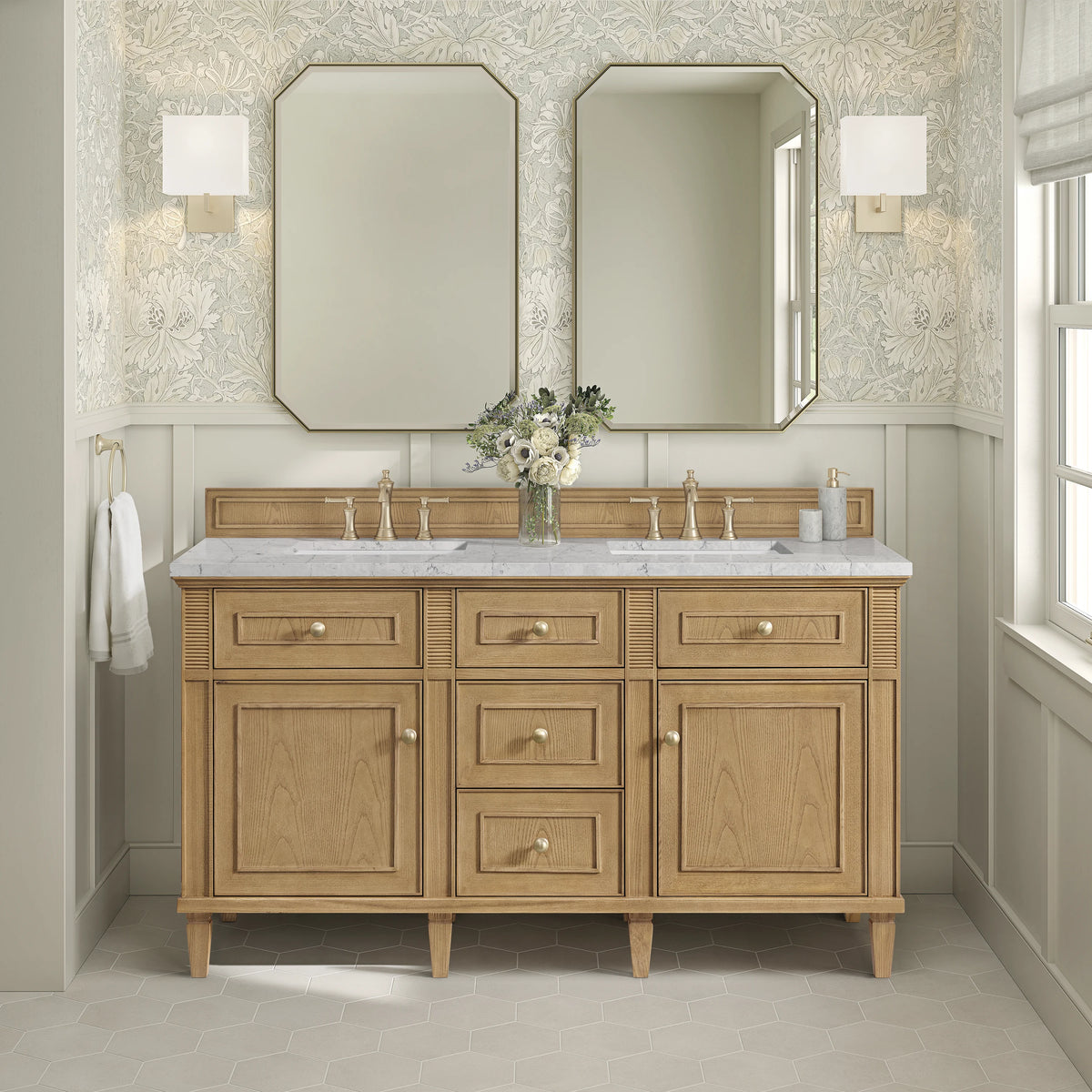 Lorelai 60" Double Vanity, Light Natural Oak w/ 3 CM Eternal Jasmine Pearl Silestone Top w/FreePower Wireless C, view 6