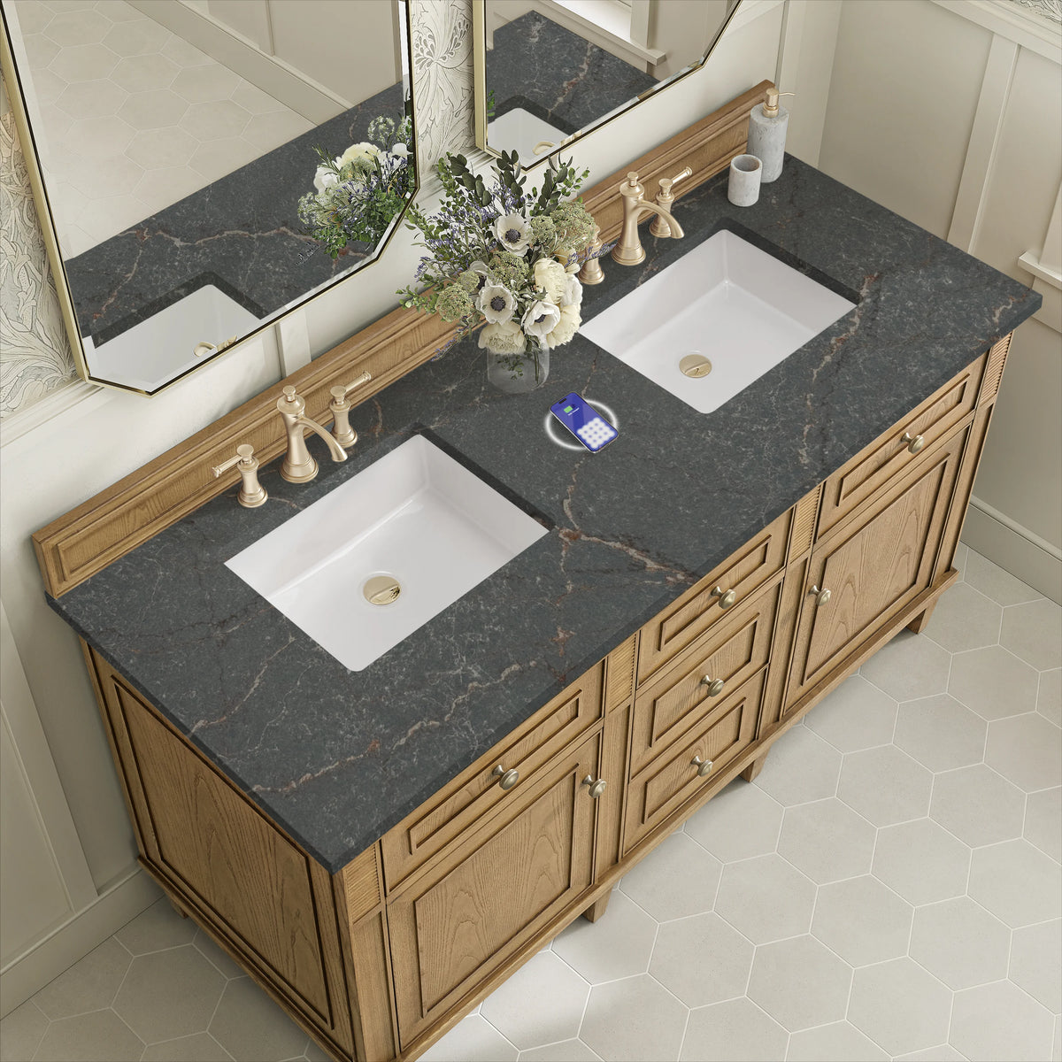 Lorelai 60" Double Vanity, Light Natural Oak w/ 3 CM Parisien Bleu Silestone Top w/FreePower Wireless Charger, view 10
