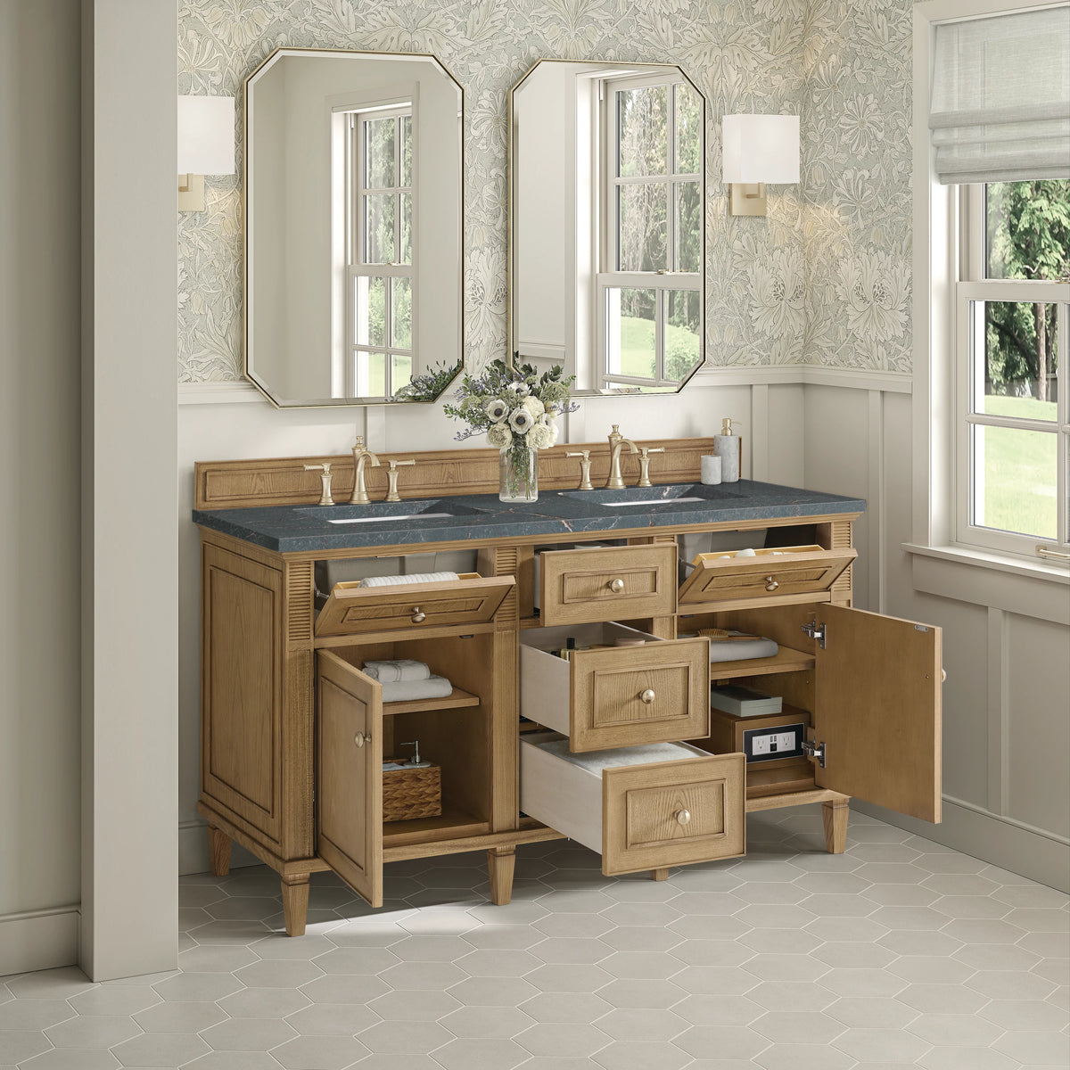 Lorelai 60" Double Vanity, Light Natural Oak w/ 3 CM Parisien Bleu Silestone Top w/FreePower Wireless Charger, view 8