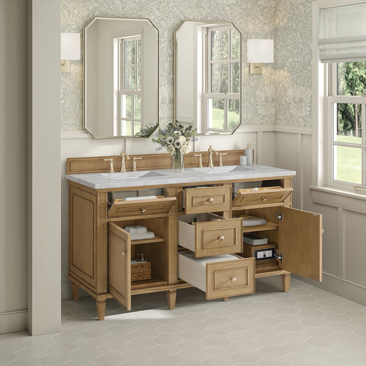 Lorelai 60" Double Vanity, Light Natural Oak w/ 3 CM Victorian Silver Silestone Top w/FreePower Wireless Charger, view 8