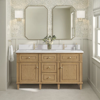 Lorelai 60" Double Vanity, Light Natural Oak w/ Single Hole 3 CM White Zeus Silestone Top & Backsplash, view 2