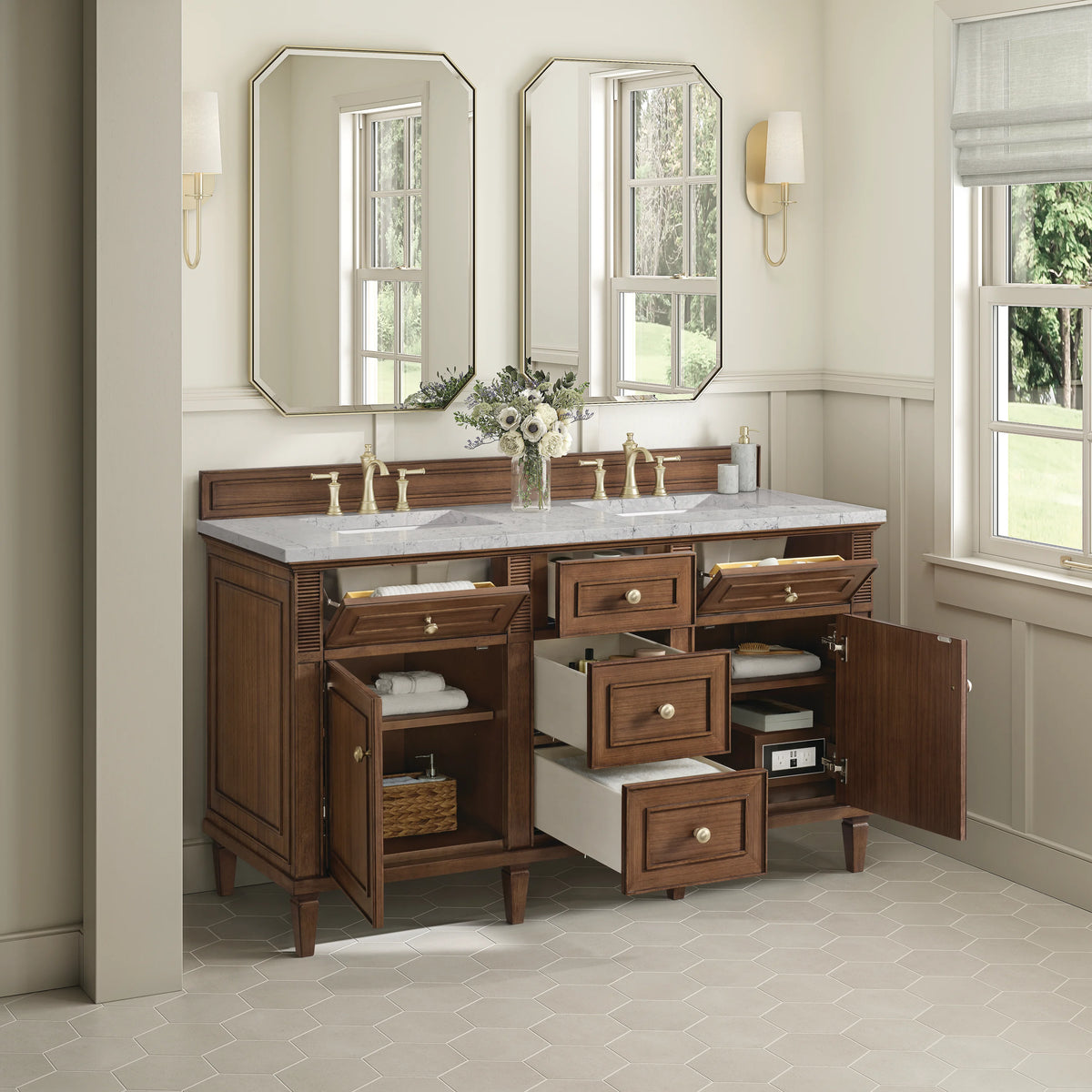 Lorelai 60" Double Vanity, Mid-Century Walnut w/ 3 CM Eternal Jasmine Pearl Silestone Top, view 5