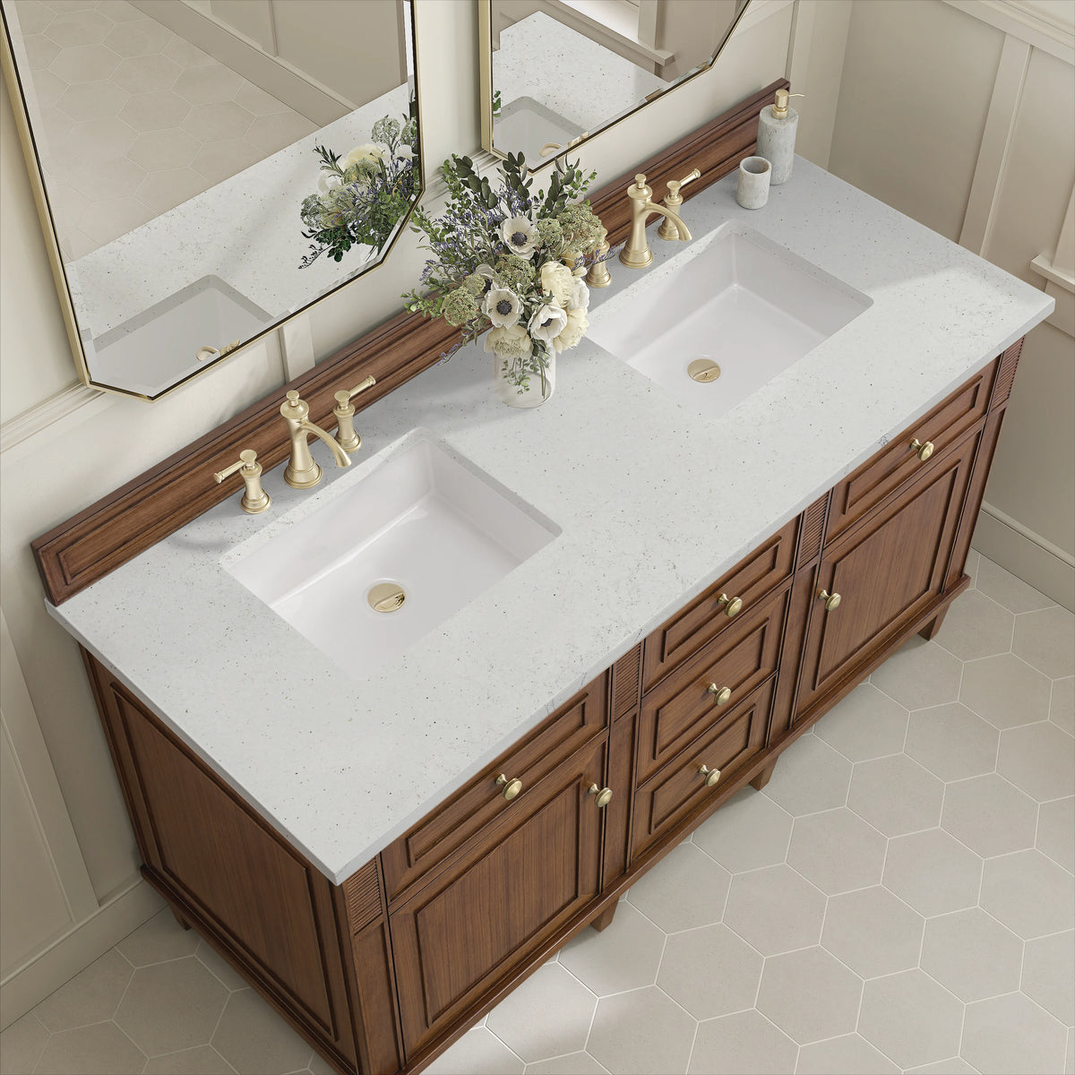 Lorelai 60" Double Vanity, Mid-Century Walnut w/ 3 CM Lime Delight Silestone Top, view 7