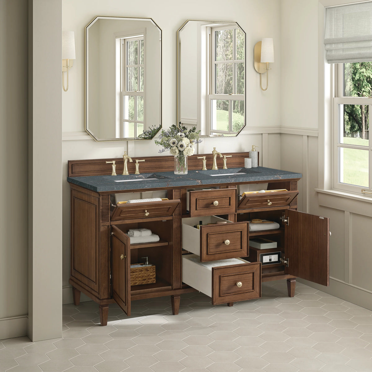 Lorelai 60" Double Vanity, Mid-Century Walnut w/ 3 CM Parisien Bleu Silestone Top, view 5