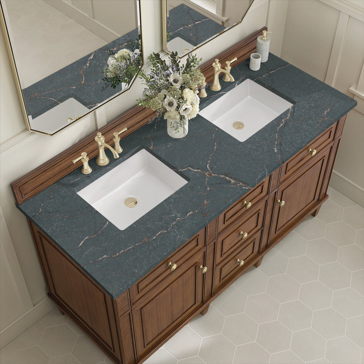 Lorelai 60" Double Vanity, Mid-Century Walnut w/ 3 CM Parisien Bleu Silestone Top, view 7