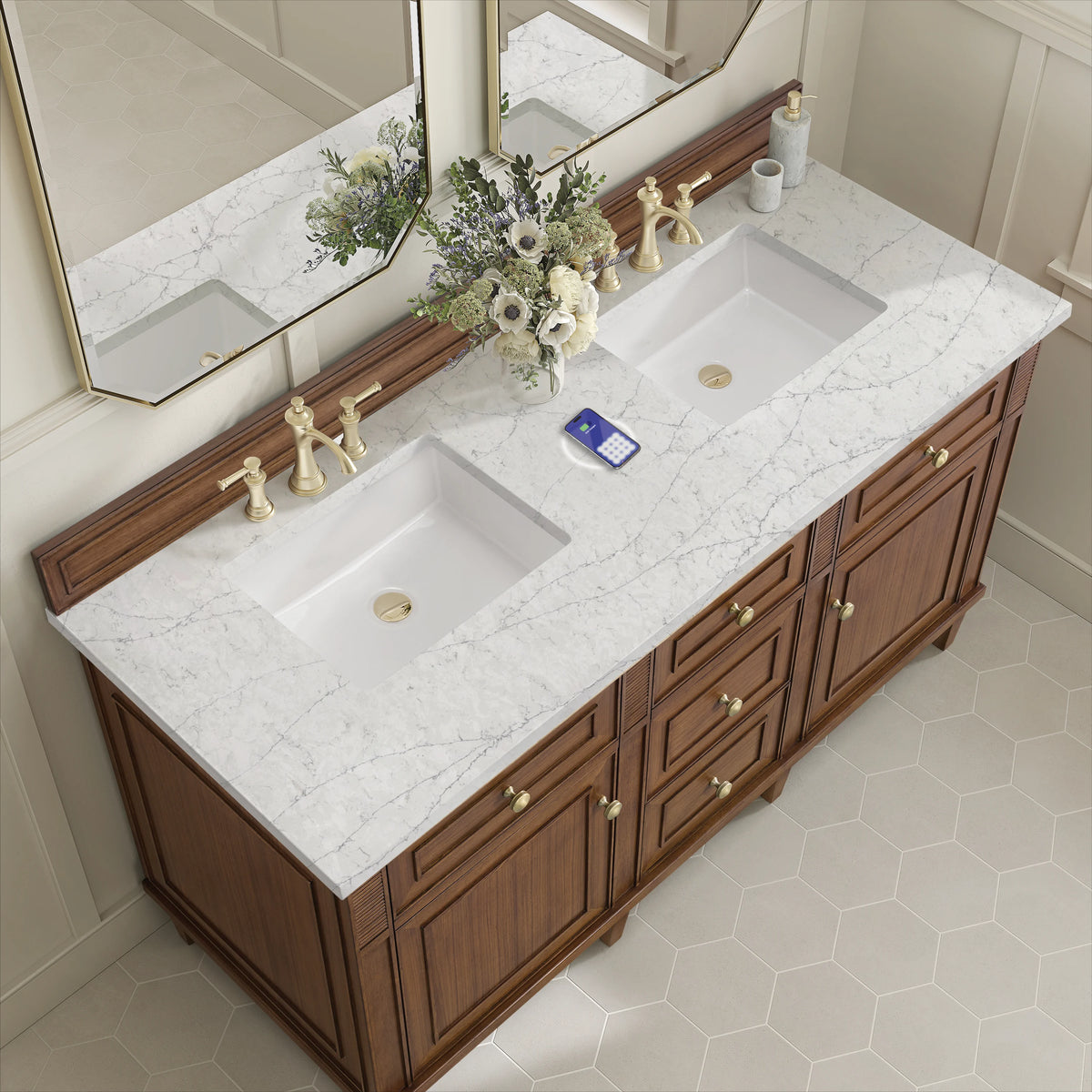 Lorelai 60" Double Vanity, Mid-Century Walnut w/ 3 CM Eternal Jasmine Pearl Silestone Top w/FreePower Wireless, view 10