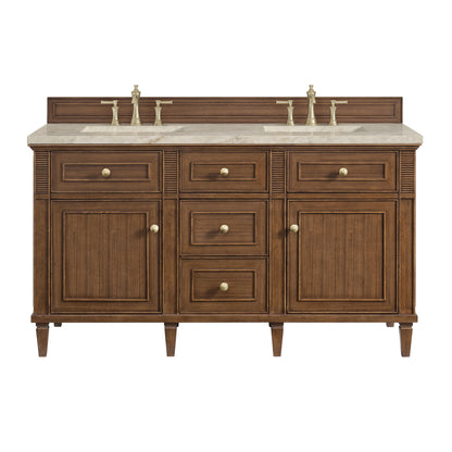 Lorelai 60" Double Vanity, Mid-Century Walnut, w/ 3 CM Tajnar Eclos Top w/FreePower Wireless Charger