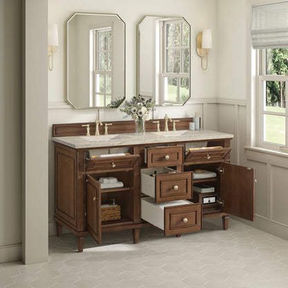 Lorelai 60" Double Vanity, Mid-Century Walnut, w/ 3 CM Tajnar Eclos Top w/FreePower Wireless Charger, view 7