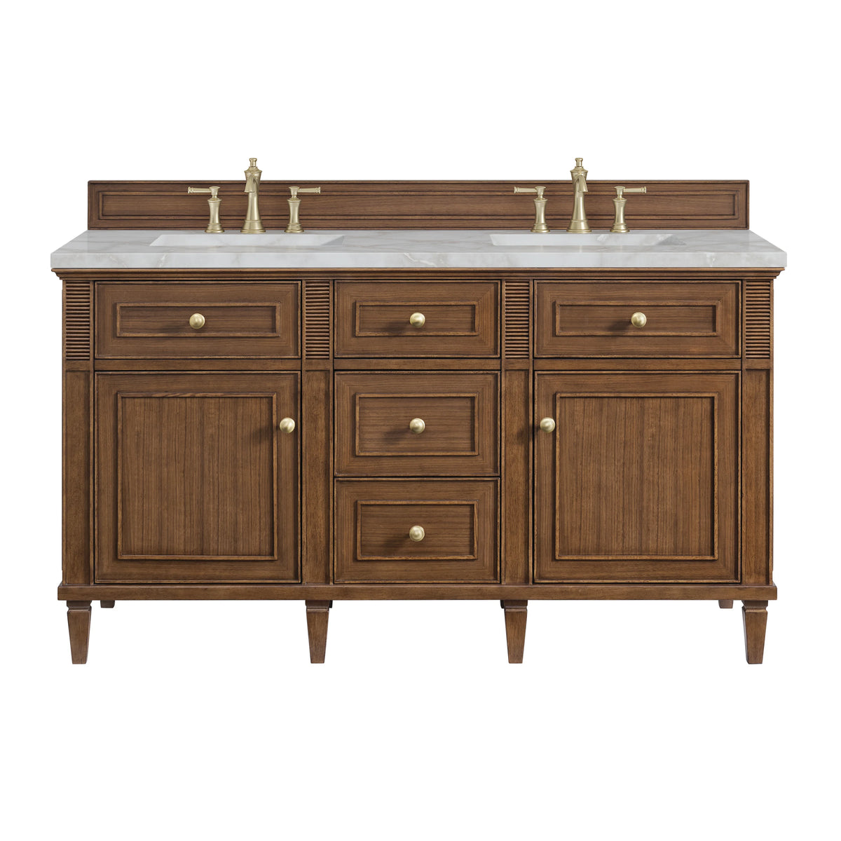 Lorelai 60" Double Vanity, Mid-Century Walnut w/ 3 CM Victorian Silver Silestone Top w/FreePower Wireless Charger