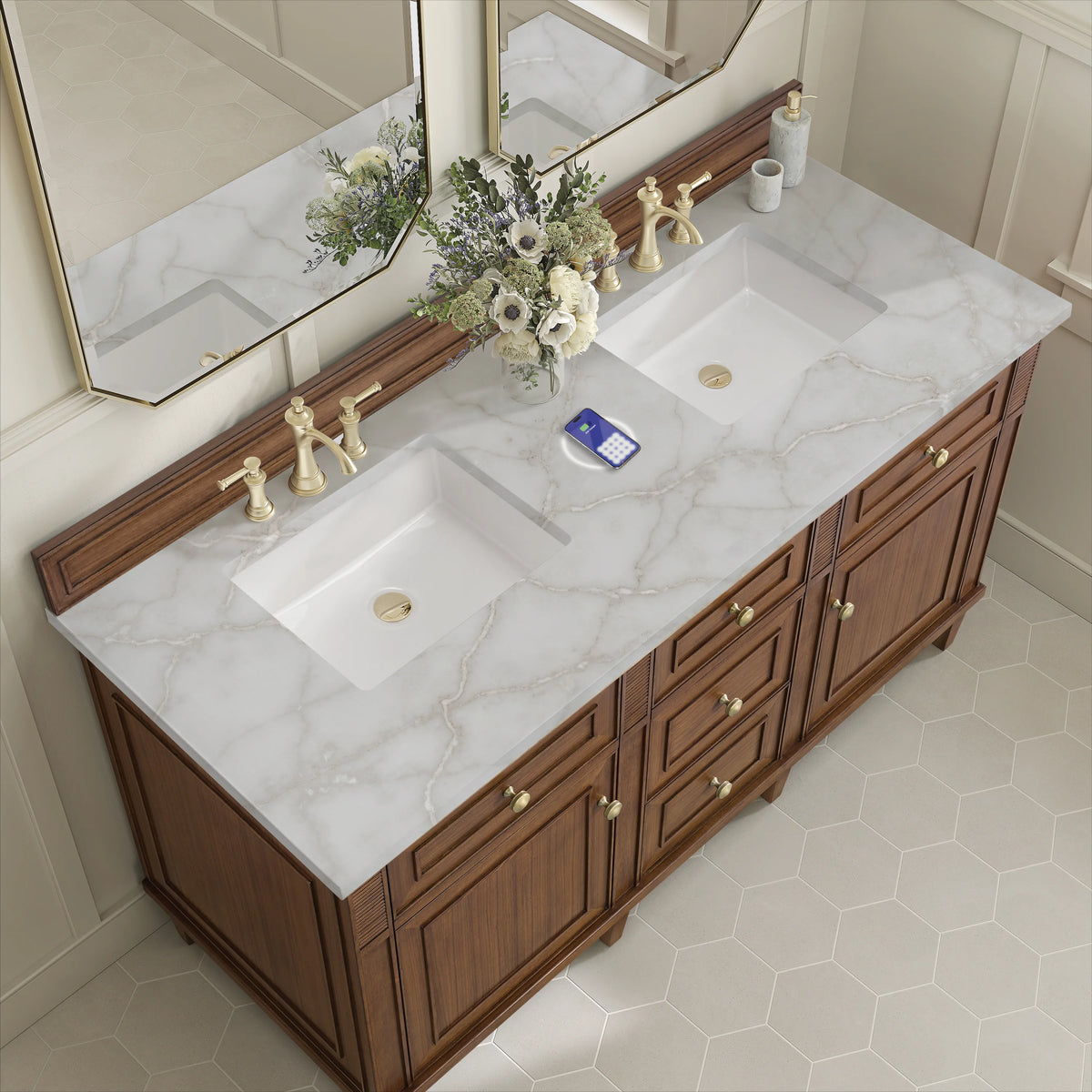 Lorelai 60" Double Vanity, Mid-Century Walnut w/ 3 CM Victorian Silver Silestone Top w/FreePower Wireless Char, view 10