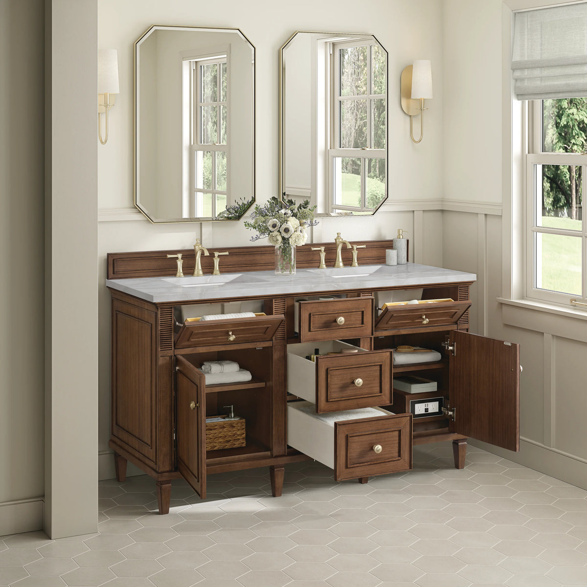 Lorelai 60" Double Vanity, Mid-Century Walnut w/ 3 CM Victorian Silver Silestone Top w/FreePower Wireless Charg, view 8