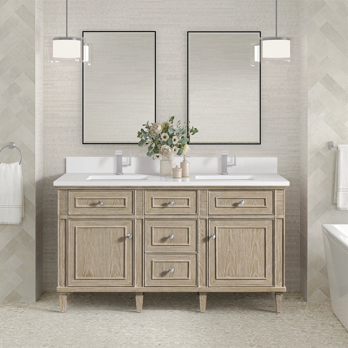 Lorelai 60" Double Vanity, Whitewashed Oak w/ Single Hole 3 CM White Zeus Silestone Top & Backsplash, view 2