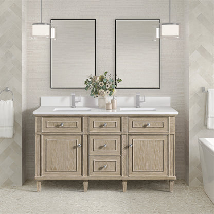 Lorelai 60" Double Vanity, Whitewashed Oak w/ Single Hole 3 CM White Zeus Silestone Top & Backsplash, view 2