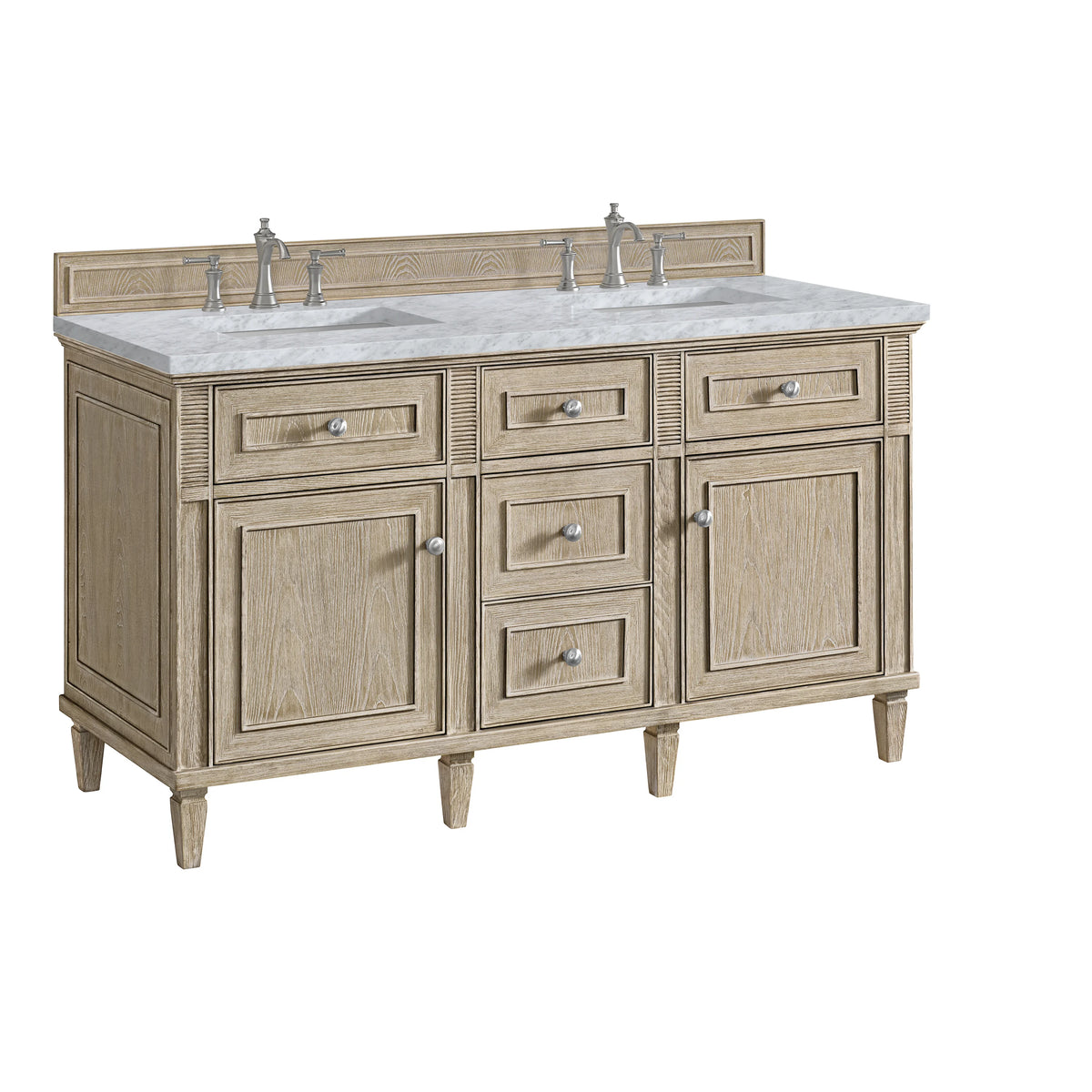 Lorelai 60" Double Vanity, Whitewashed Oak w/ 3 CM Carrara White Marble Top, view 10