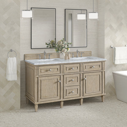 Lorelai 60" Double Vanity, Whitewashed Oak w/ 3 CM Carrara White Marble Top, view 4