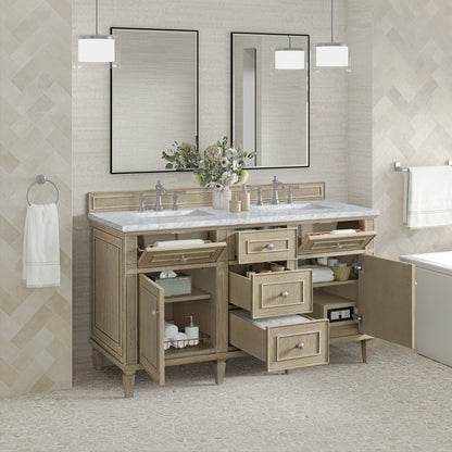 Lorelai 60" Double Vanity, Whitewashed Oak w/ 3 CM Carrara White Marble Top, view 5
