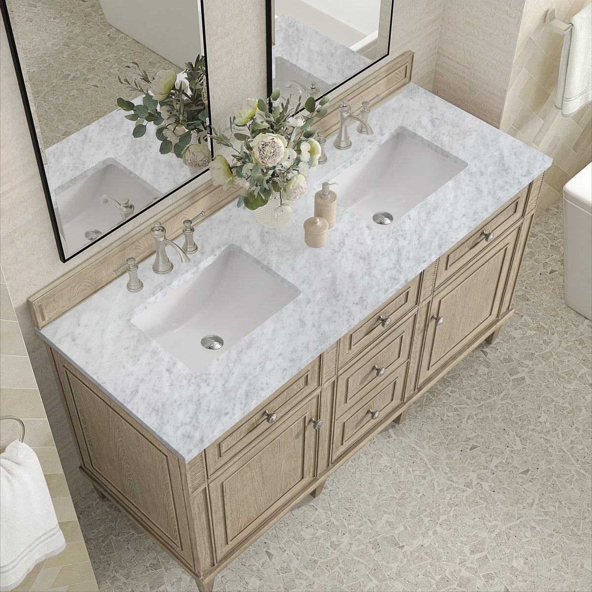 Lorelai 60" Double Vanity, Whitewashed Oak w/ 3 CM Carrara White Marble Top, view 7