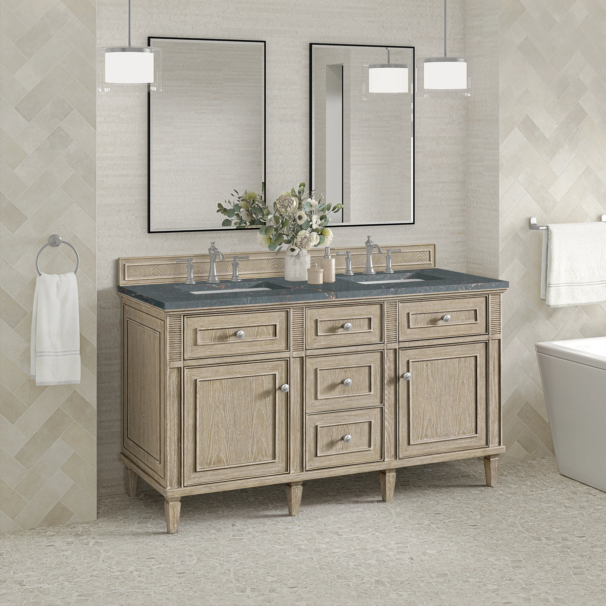 Lorelai 60" Double Vanity, Whitewashed Oak w/ 3 CM Parisien Bleu Silestone Top, view 4