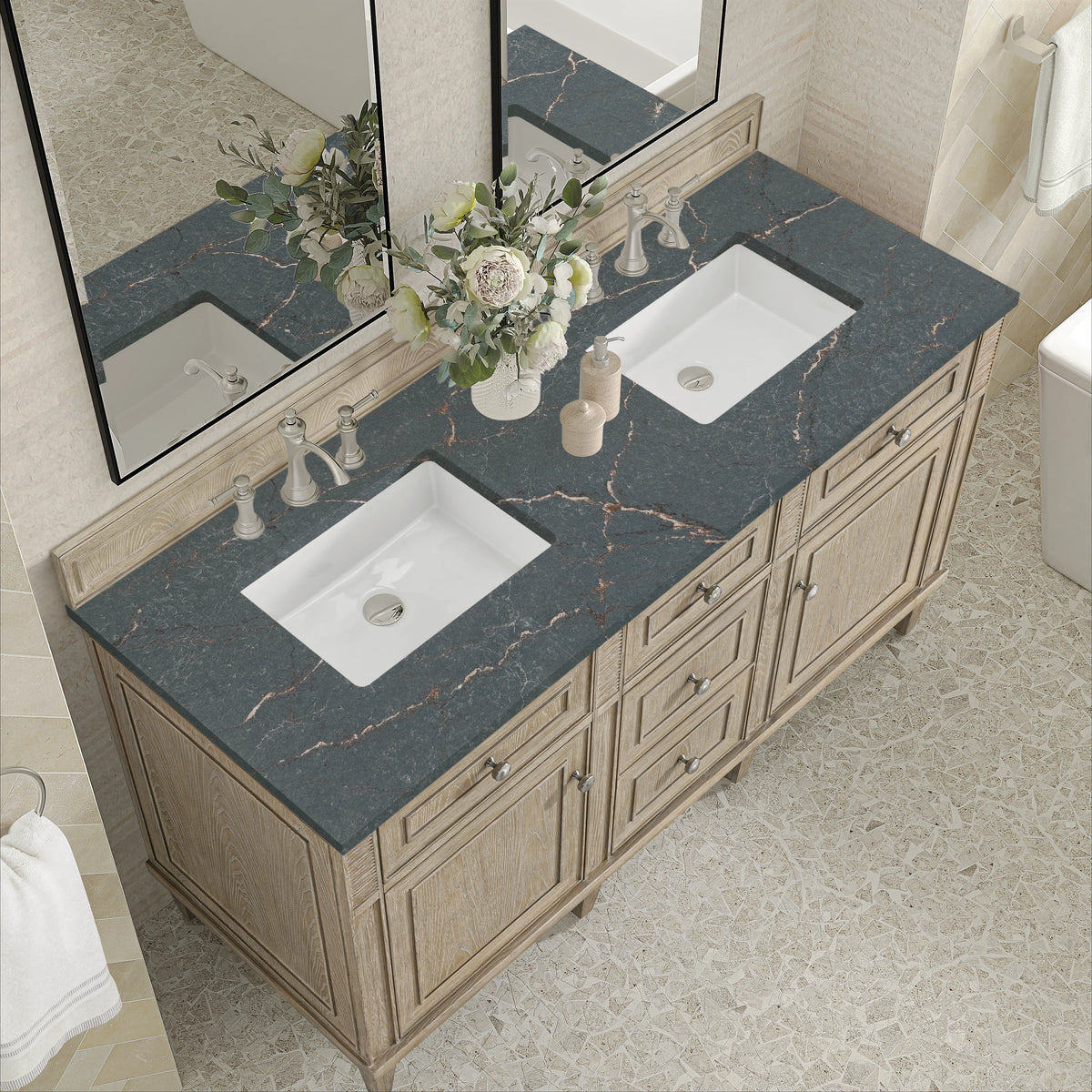 Lorelai 60" Double Vanity, Whitewashed Oak w/ 3 CM Parisien Bleu Silestone Top, view 7
