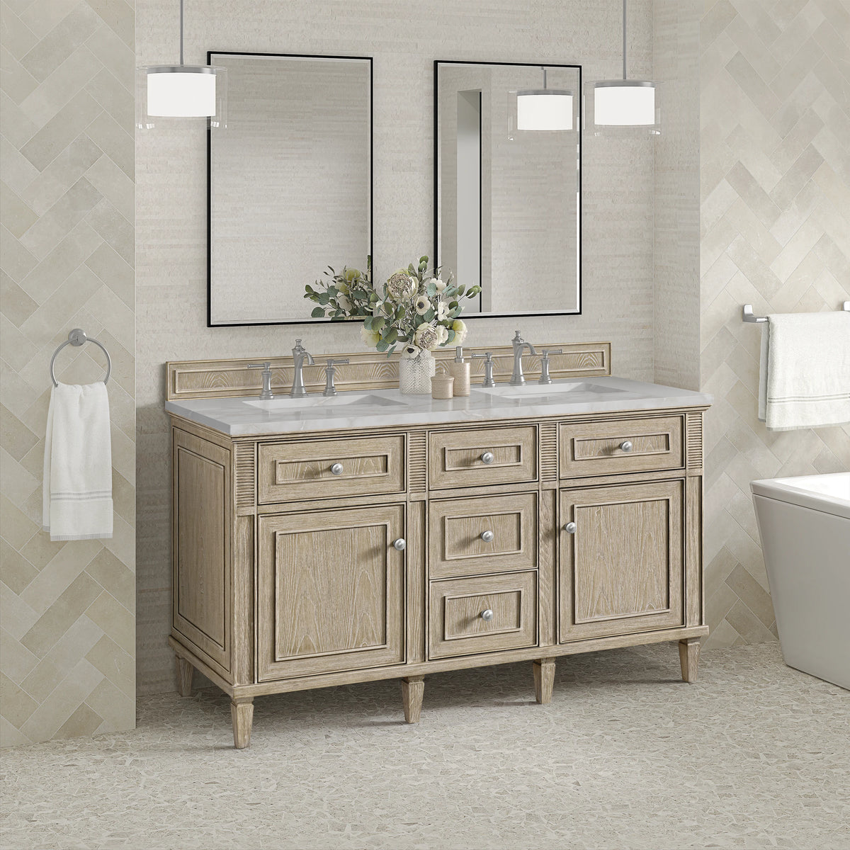 Lorelai 60" Double Vanity, Whitewashed Oak w/ 3 CM Victorian Silver Silestone Top, view 4