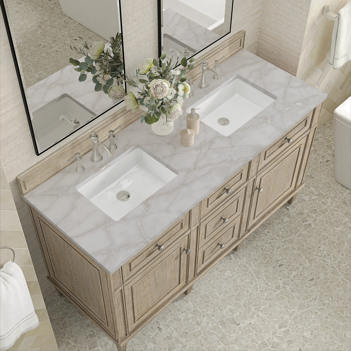 Lorelai 60" Double Vanity, Whitewashed Oak w/ 3 CM Victorian Silver Silestone Top, view 7