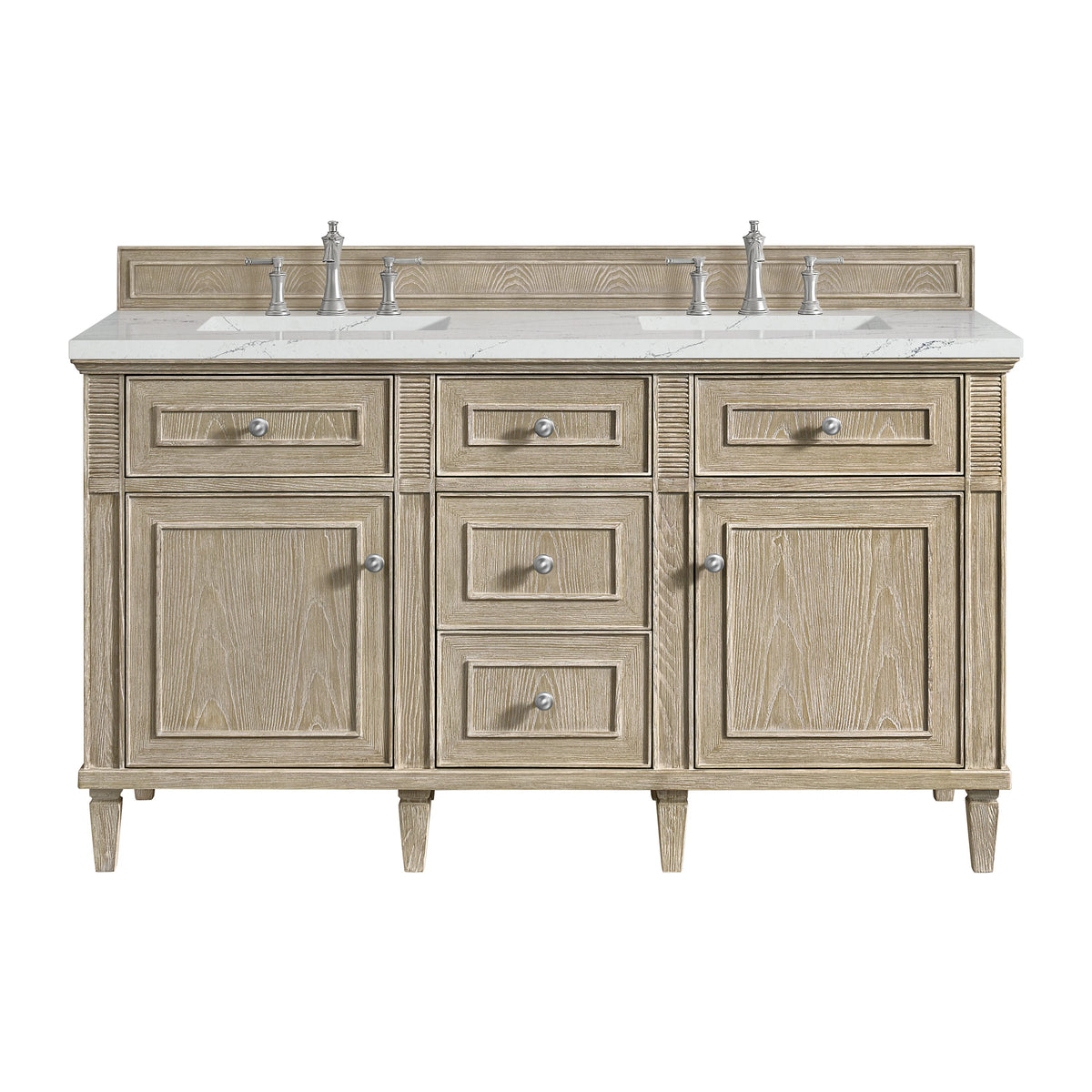 Lorelai 60" Double Vanity, Whitewashed Oak w/ 3 CM Ethereal Noctis Silestone Top w/FreePower Wireless Charger