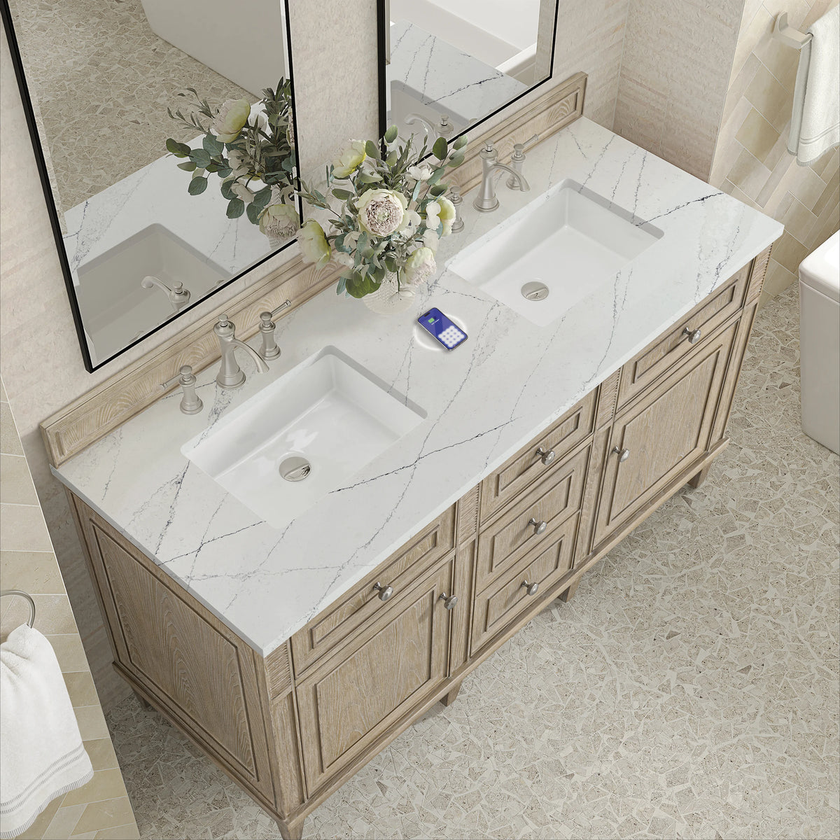 Lorelai 60" Double Vanity, Whitewashed Oak w/ 3 CM Ethereal Noctis Silestone Top w/FreePower Wireless Charger, view 10