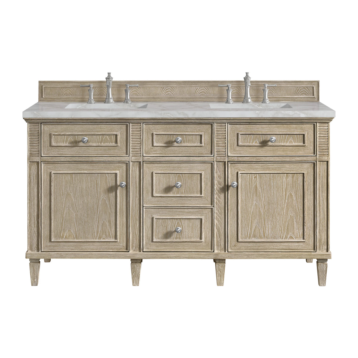 Lorelai 60" Double Vanity, Whitewashed Oak w/ 3 CM Victorian Silver Silestone Top w/FreePower Wireless Charger