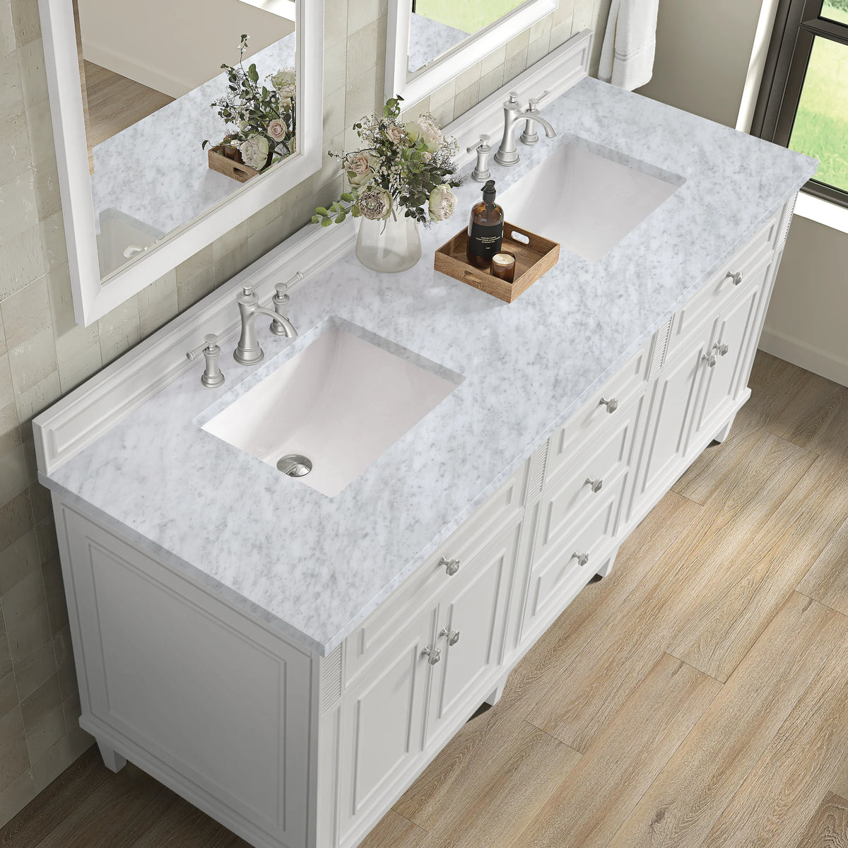 Lorelai 72" Double Vanity, Bright White w/ 3 CM Carrara White Marble Top, view 7