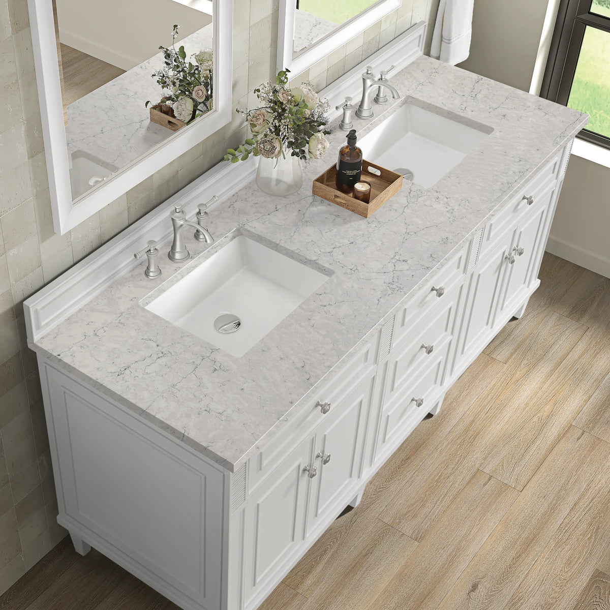 Lorelai 72" Double Vanity, Bright White w/ 3 CM Eternal Jasmine Pearl Silestone Top, view 7