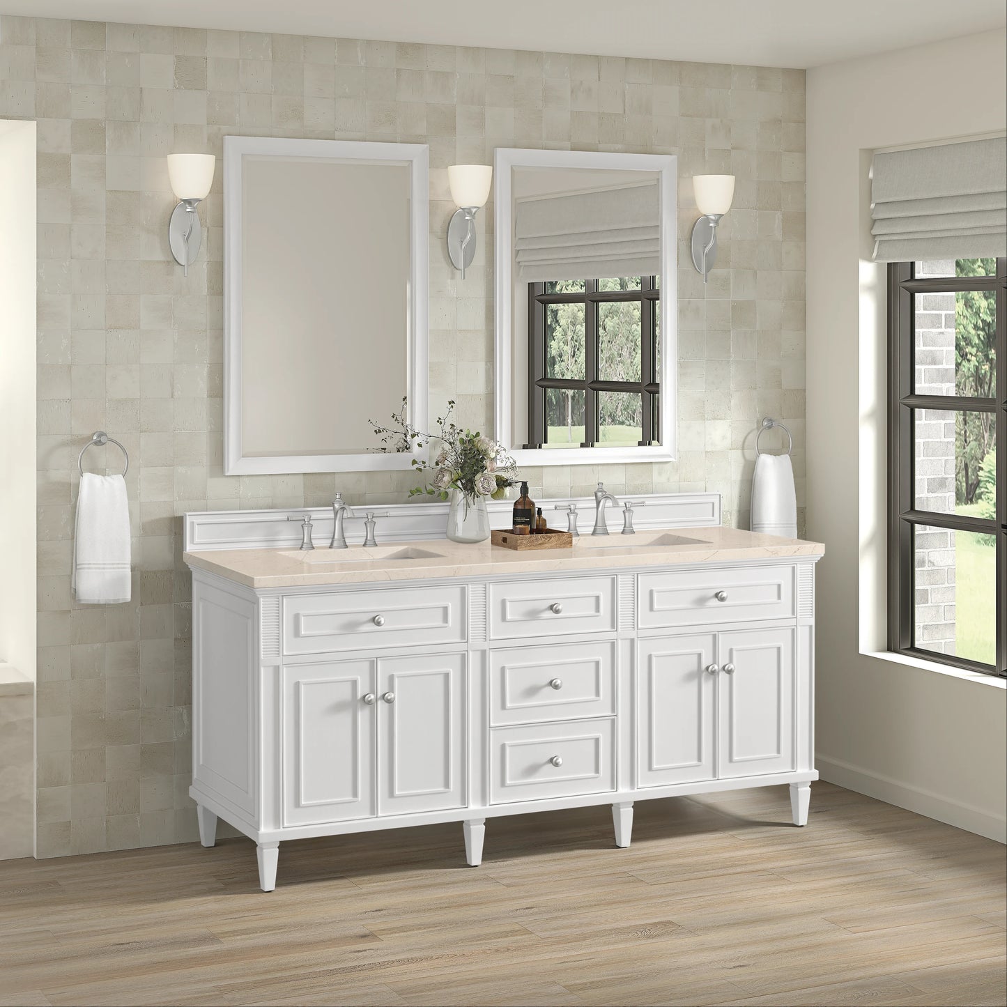 Renovate for Less Atlanta Lorelai 72" Double Vanity, Bright White w/ 3 CM Eternal Marfil Silestone Top, view 4