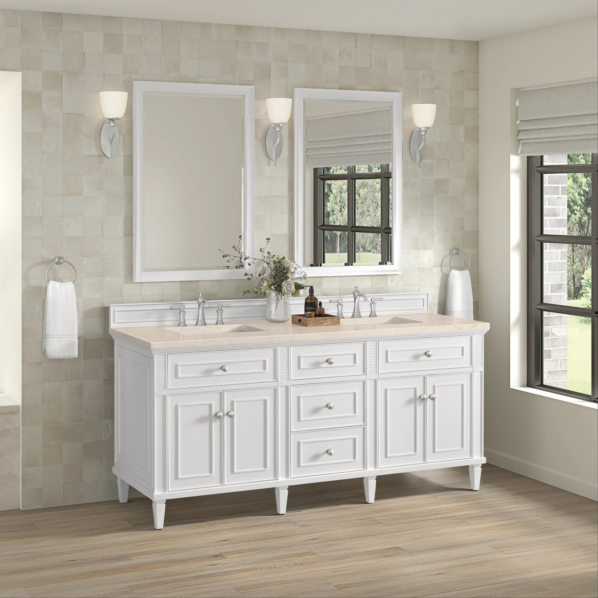 Renovate for Less Atlanta Lorelai 72" Double Vanity, Bright White w/ 3 CM Eternal Marfil Silestone Top, view 4