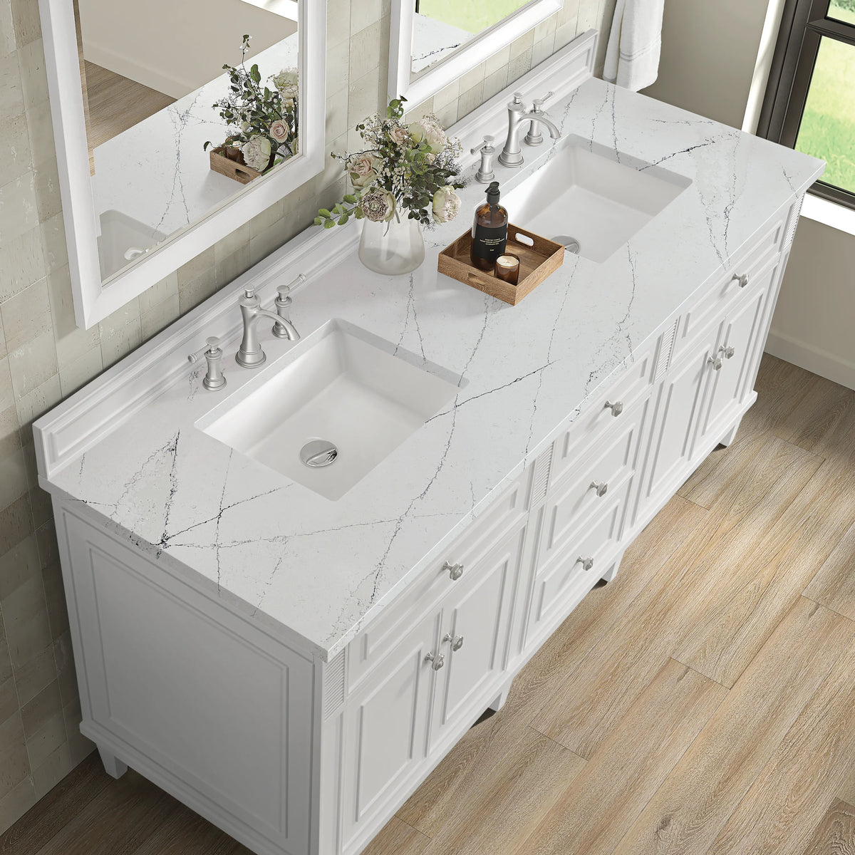 Lorelai 72" Double Vanity, Bright White w/ 3 CM Ethereal Noctis Silestone Top, view 7