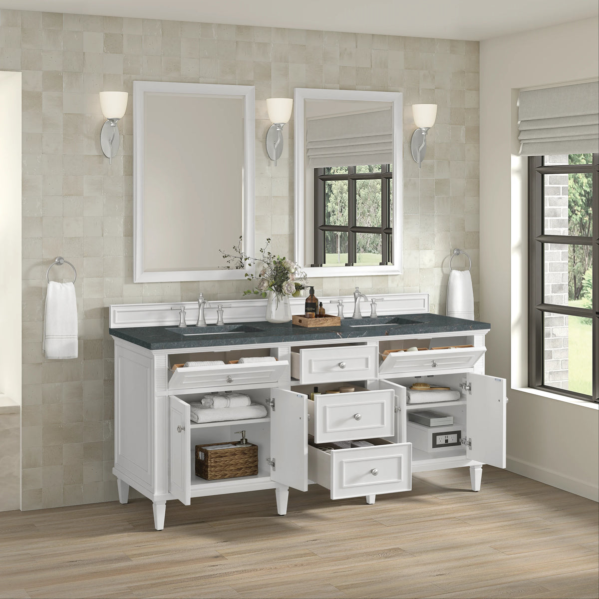 Lorelai 72" Double Vanity, Bright White w/ 3 CM Parisien Bleu Silestone Top, view 5