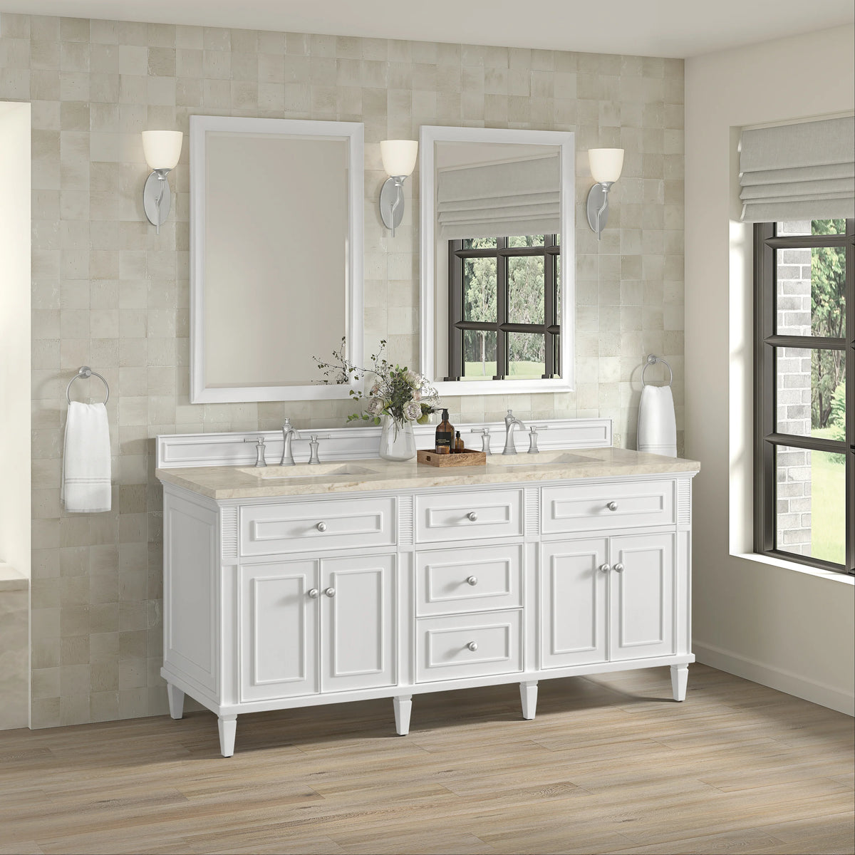Lorelai 72" Double Vanity, Bright White, w/ 3 CM Tajnar Eclos Top, view 4