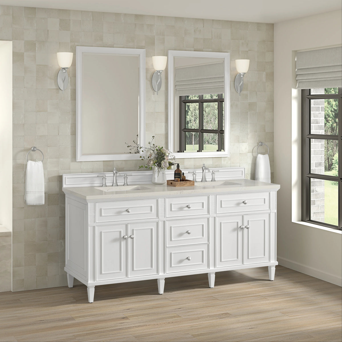 Lorelai 72" Double Vanity, Bright White, w/ 3 CM Siberian Silestone Top w/FreePower Wireless Charger, view 6