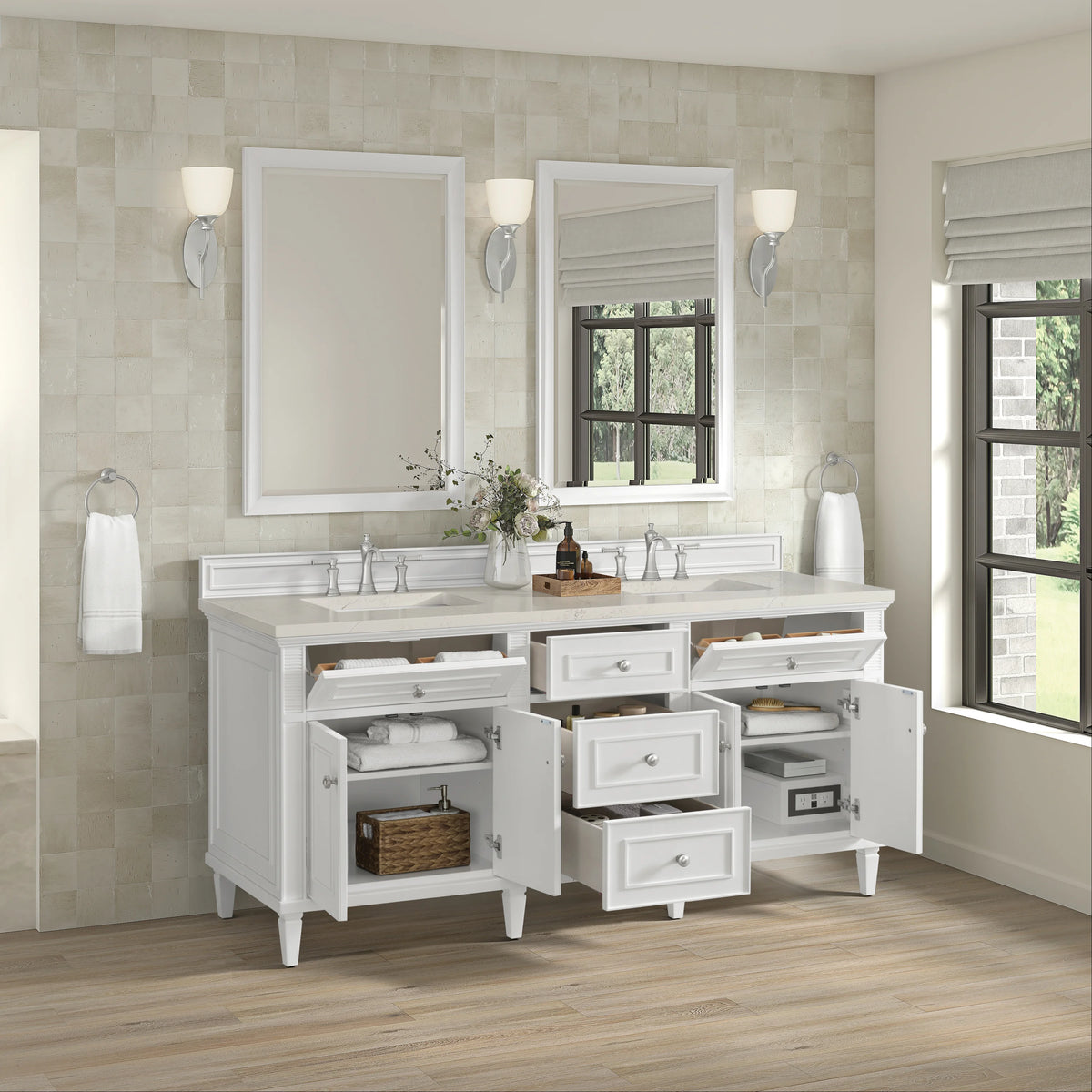 Lorelai 72" Double Vanity, Bright White, w/ 3 CM Siberian Silestone Top w/FreePower Wireless Charger, view 7