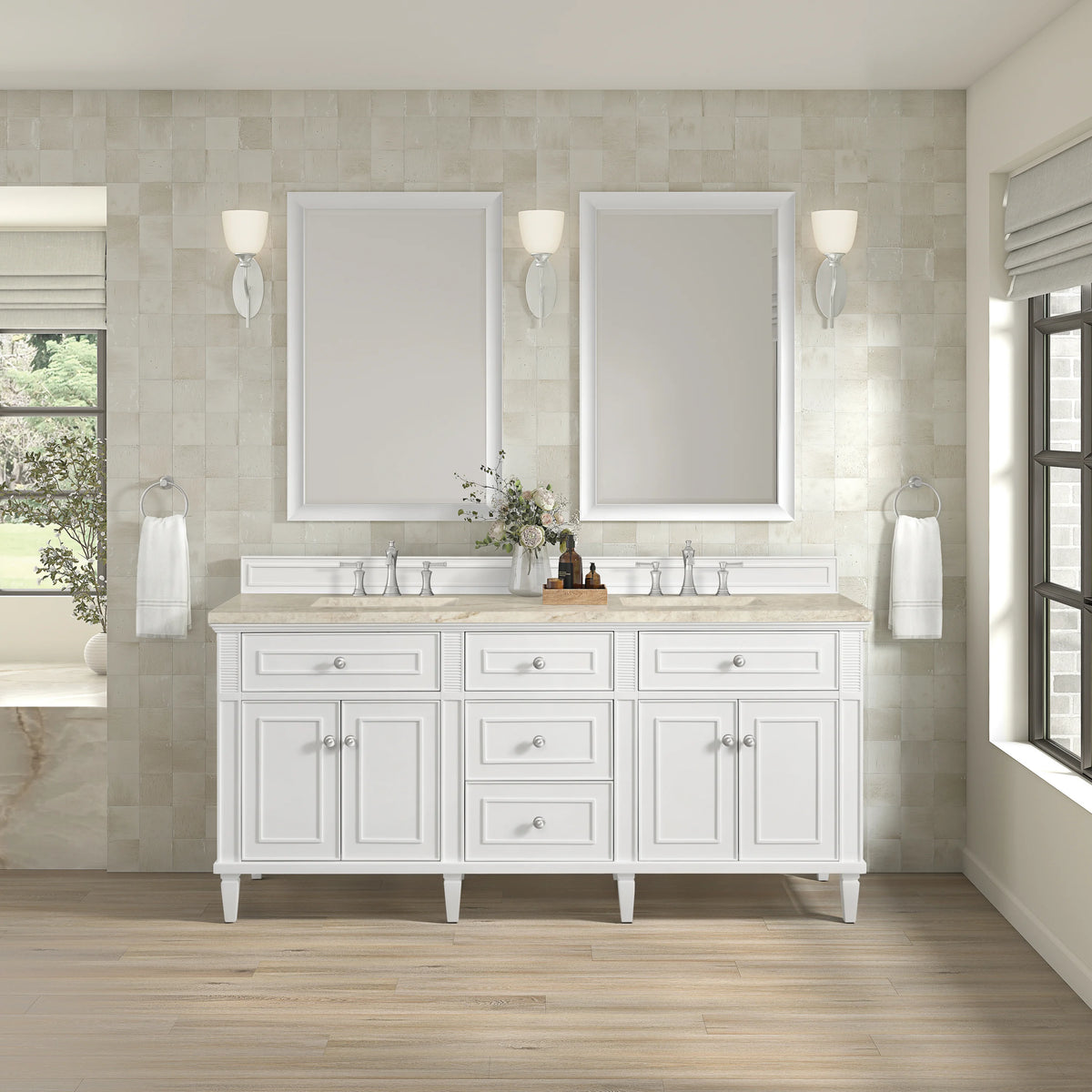 Lorelai 72" Double Vanity, Bright White, w/ 3 CM Tajnar Eclos Top w/FreePower Wireless Charger, view 5