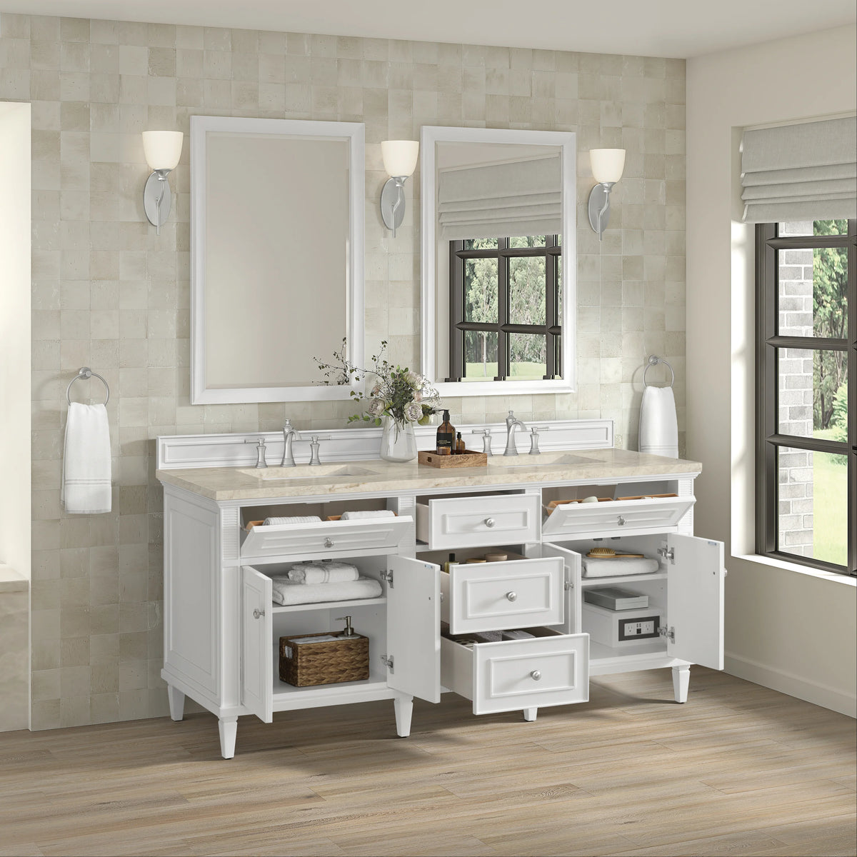 Lorelai 72" Double Vanity, Bright White, w/ 3 CM Tajnar Eclos Top w/FreePower Wireless Charger, view 7