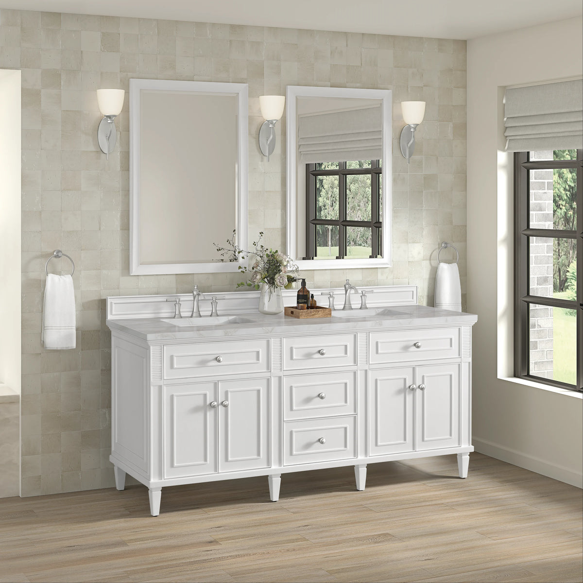 Lorelai 72" Double Vanity, Bright White w/ 3 CM Victorian Silver Silestone Top w/FreePower Wireless Charger, view 7