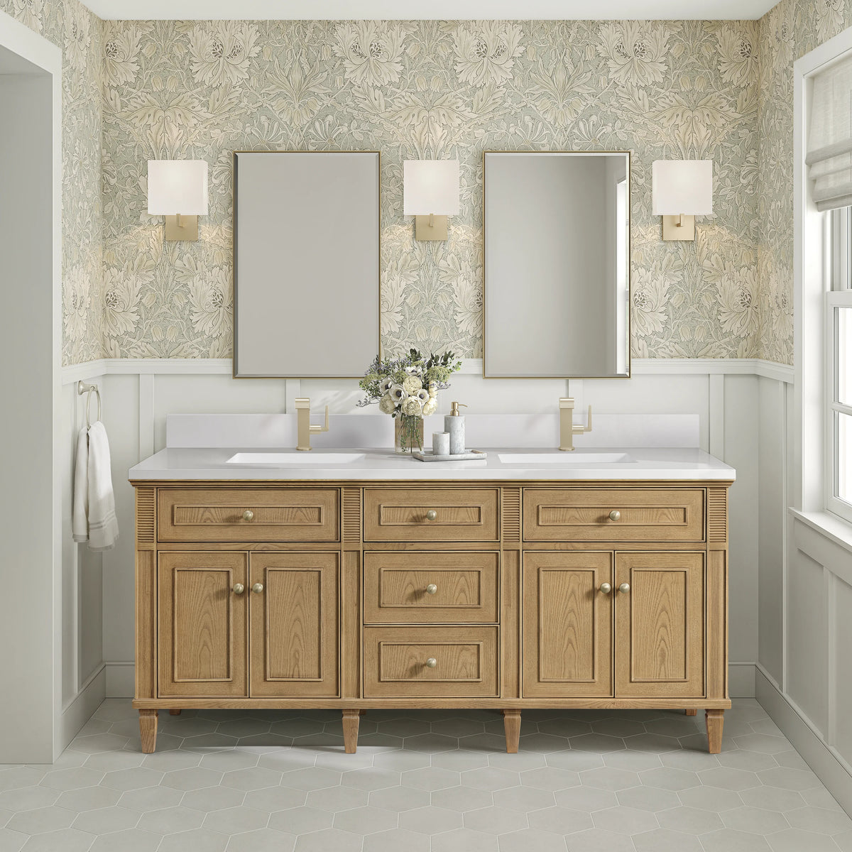Lorelai 72" Double Vanity, Light Natural Oak w/ Single Hole 3 CM White Zeus Silestone Top & Backsplash, view 2