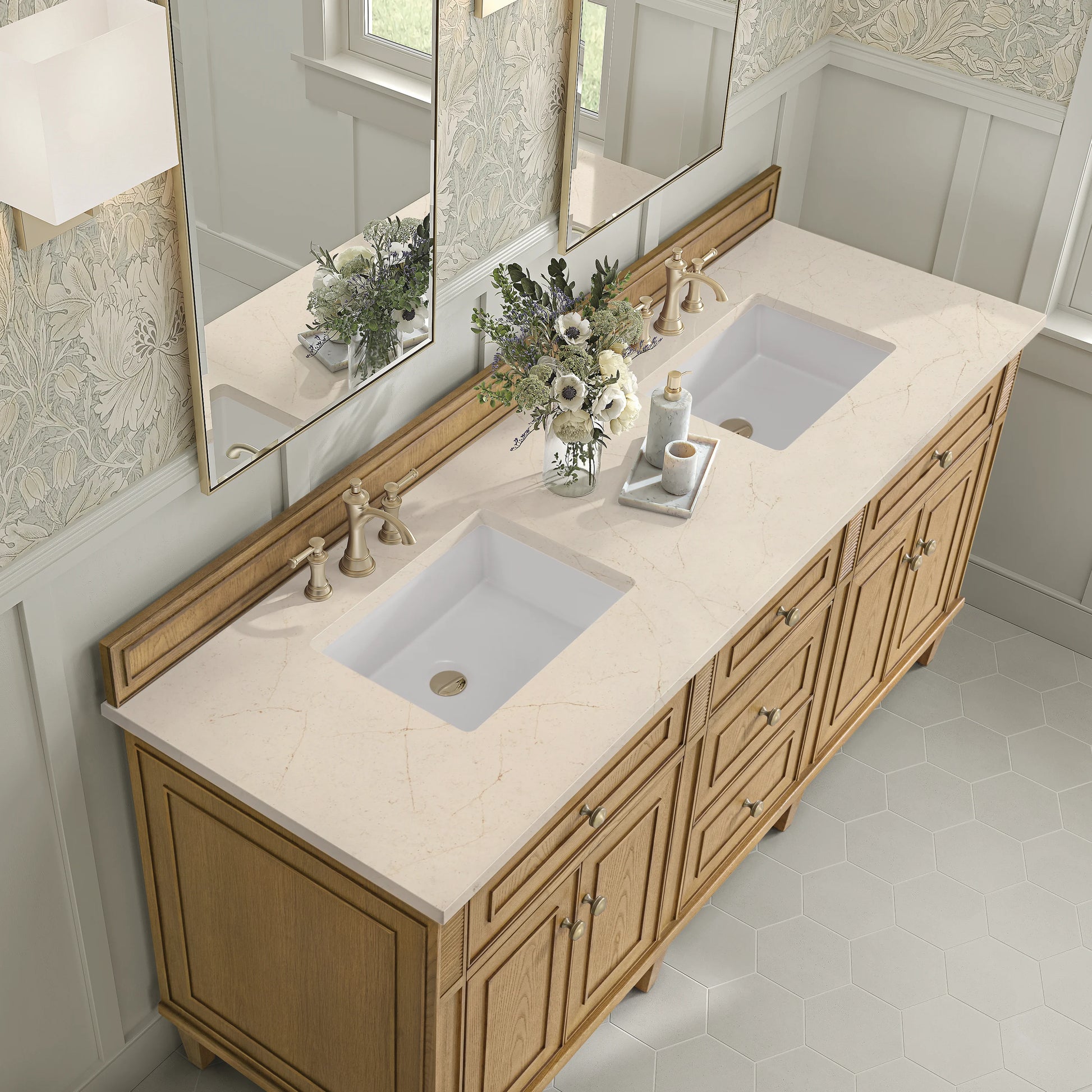 Renovate for Less Atlanta Lorelai 72" Double Vanity, Light Natural Oak w/ 3 CM Eternal Marfil Silestone Top, view 7