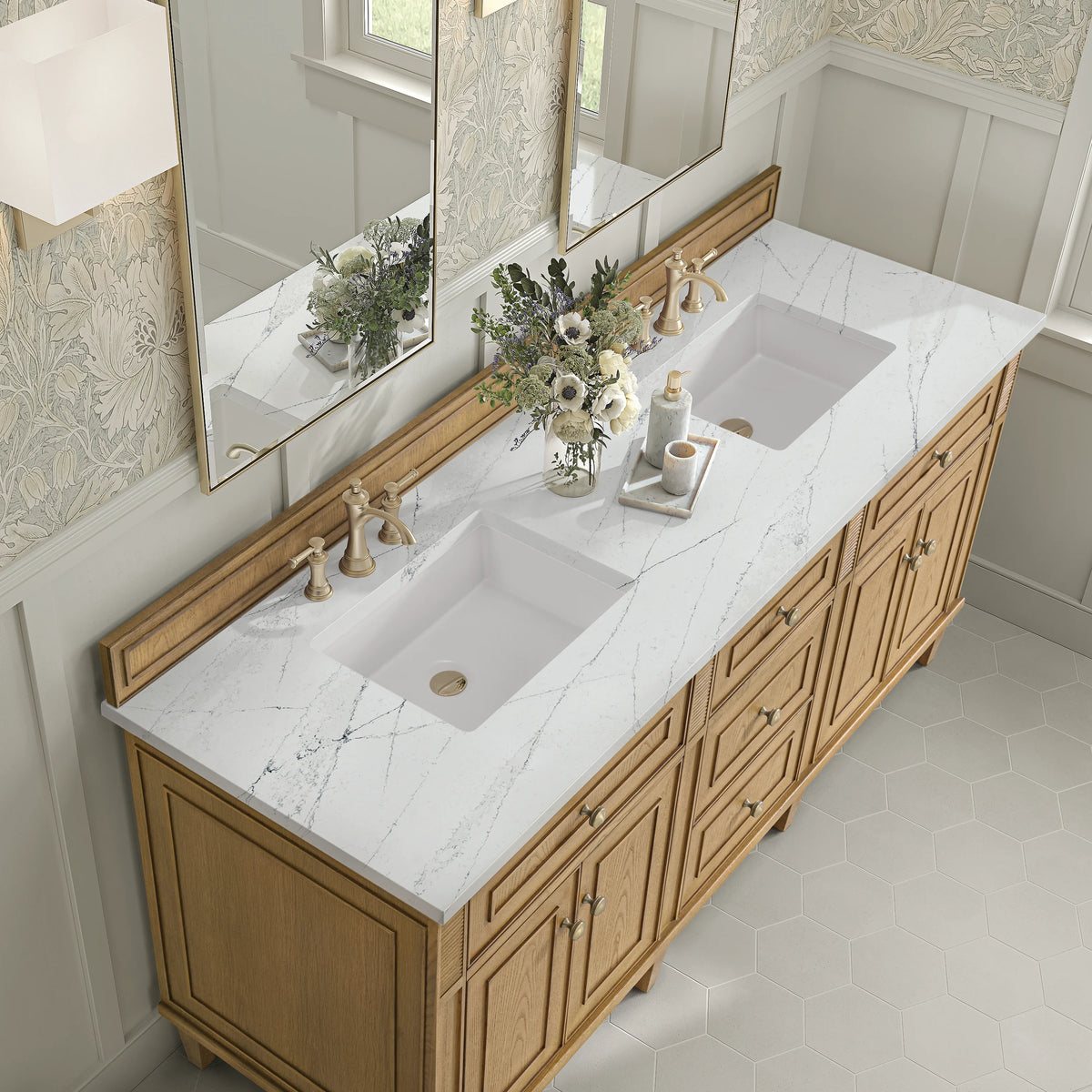 Lorelai 72" Double Vanity, Light Natural Oak w/ 3 CM Ethereal Noctis Silestone Top, view 7
