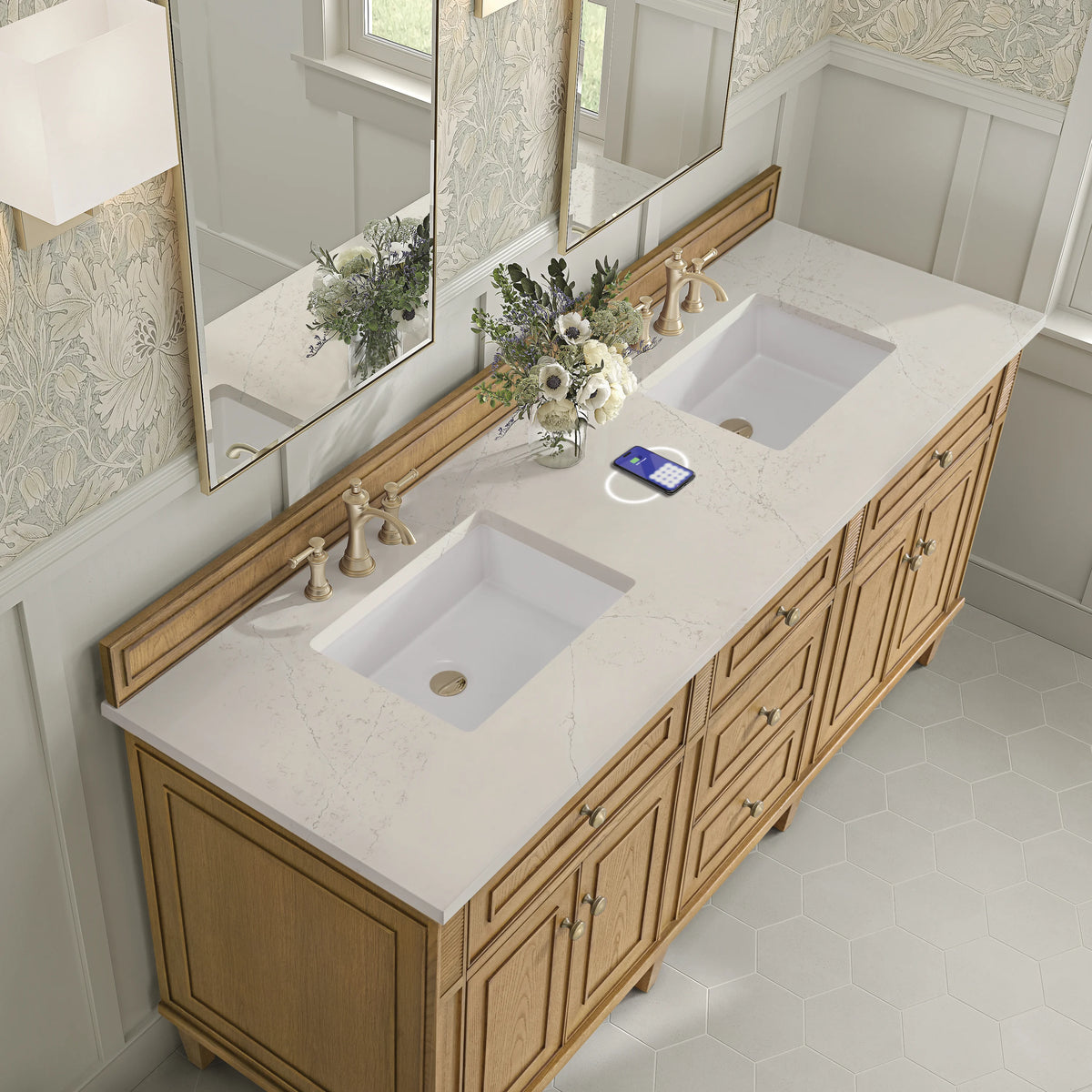 Lorelai 72" Double Vanity, Light Natural Oak, w/ 3 CM Siberian Silestone Top w/FreePower Wireless Charger, view 9