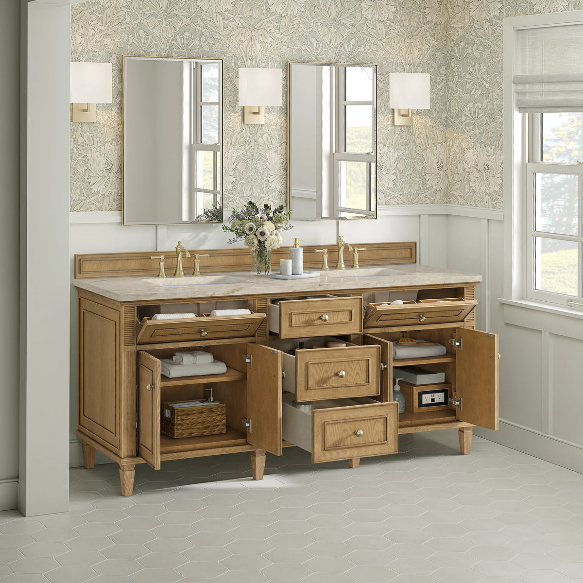 Lorelai 72" Double Vanity, Light Natural Oak, w/ 3 CM Tajnar Eclos Top w/FreePower Wireless Charger, view 7