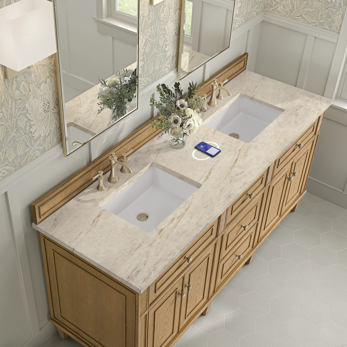 Lorelai 72" Double Vanity, Light Natural Oak, w/ 3 CM Tajnar Eclos Top w/FreePower Wireless Charger, view 9